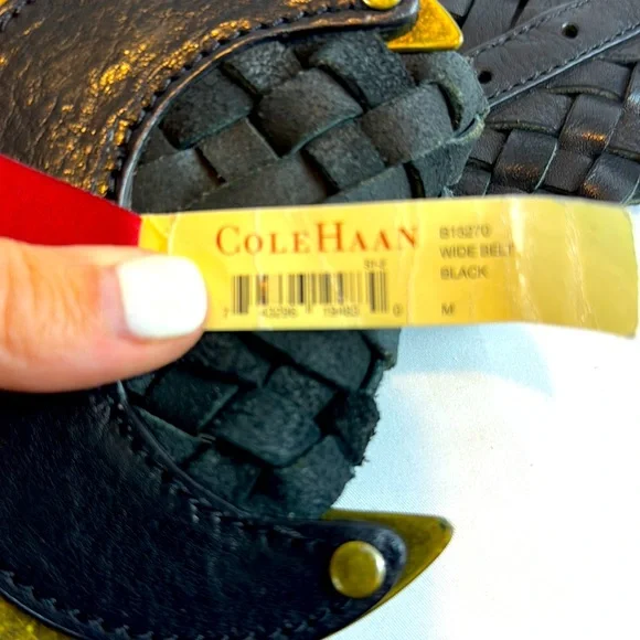 Cole Haan Size Medium Black braided wide belt with brass Crescent buckle. - Picture 7 of 8